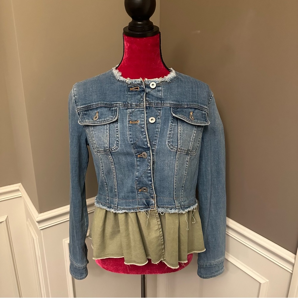 Pilcro and the Letterpress Raw Hem Collarless Flounce Denim Jacket